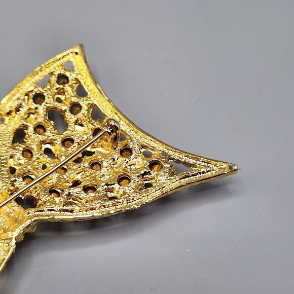 Flat Bow Brooch Pin Costume Jewelry Gold Tone Clear Stones Holiday Gift Xmas - Picture 8 of 11